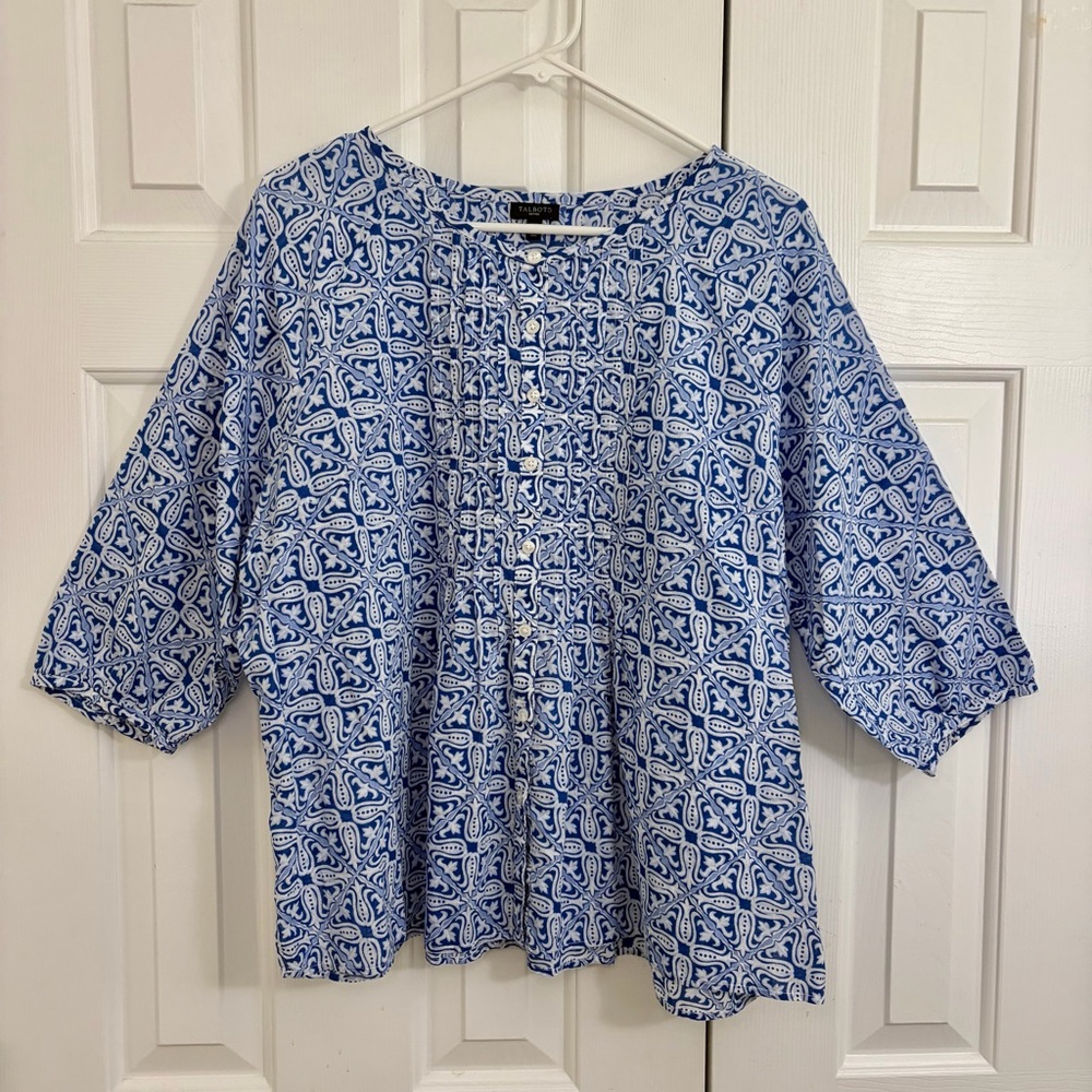 Talbots Blue & White Geometric 100% Cotton Relaxed Fit Blouse Top XL Petite